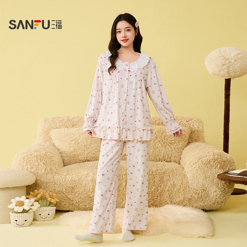三福女冬季软萌印花花边圆领睡衣套装 甜美长袖家居服507860,淘宝优惠券,粉丝福利购,淘宝优惠卷