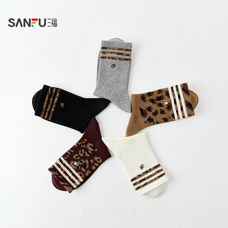三福 女短筒单双装 运动风杠条豹纹柔软精梳棉女袜袜子850602,淘宝优惠券,粉丝福利购,淘宝优惠卷