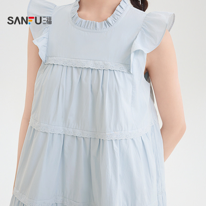 三福小飞袖连衣裙2026新款夏季蕾丝拼接A字宽松娃娃裙女装519311