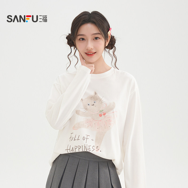 三福长袖T恤女2026新款春季可爱猫咪印花休闲宽松上衣女装517356
