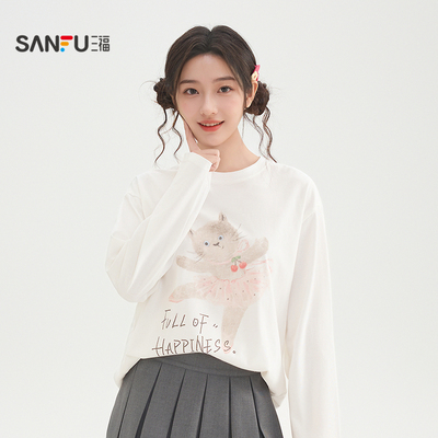 三福长袖T恤女2026新款春季可爱猫咪印花休闲宽松上衣女装517356