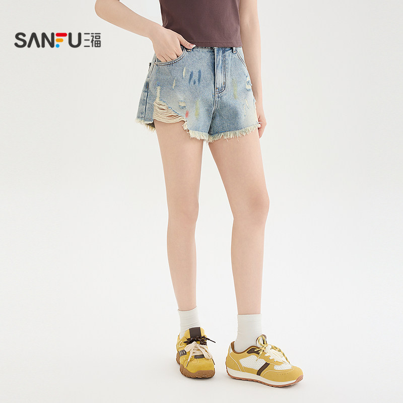 三福牛仔短裤女2026新款夏季割破毛边裤脚复古擦色裤子女装521826
