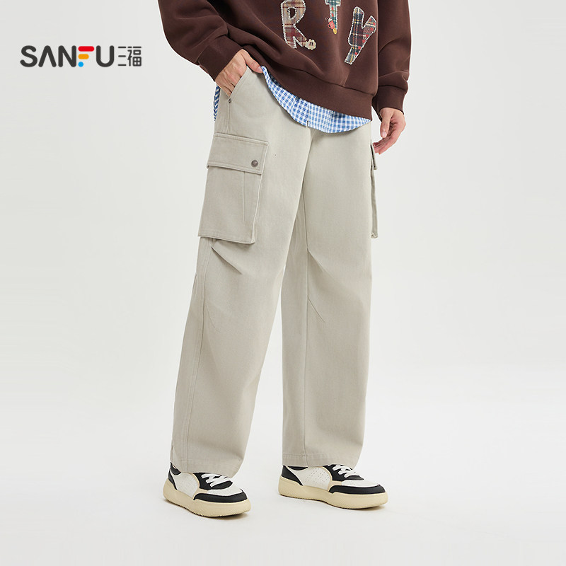 三福2026春季男士打褶大口袋工装休闲裤 宽松橡筋腰长裤515664,淘宝优惠券,粉丝福利购,淘宝优惠卷