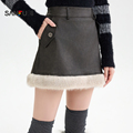 三福冬季 493407 毛绒拼接下摆A字皮裙短裙子女装 半身裙女2025新款