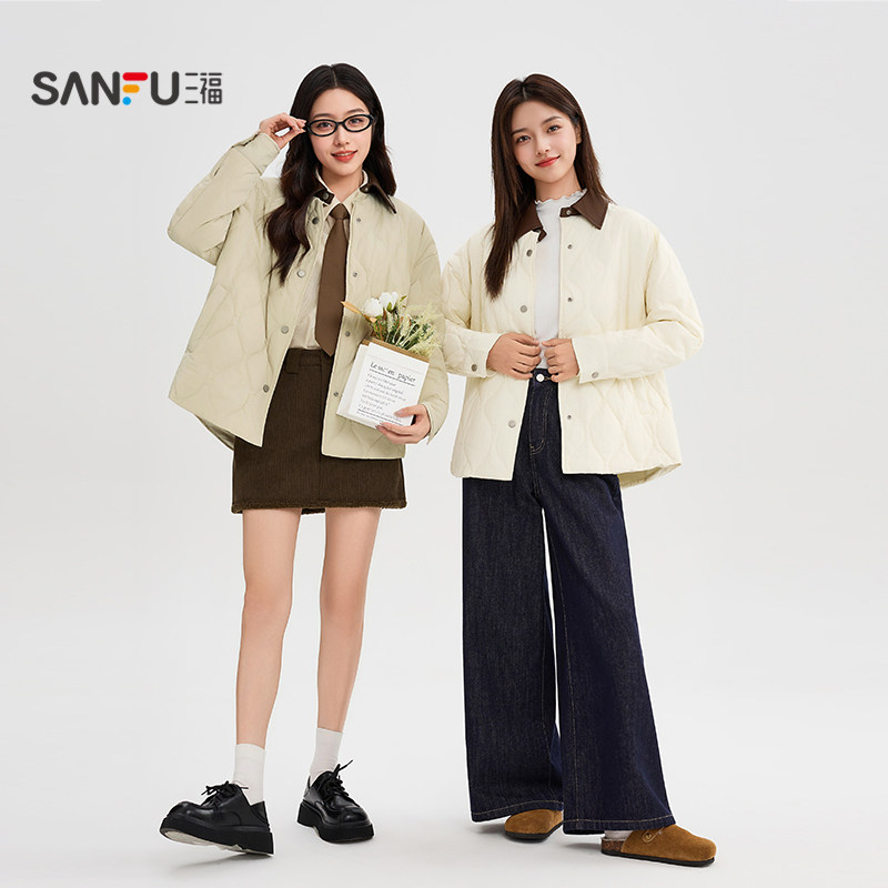 三福羽绒服女款2025冬季新款小个子皮翻领衬衫式轻薄保暖外套女装