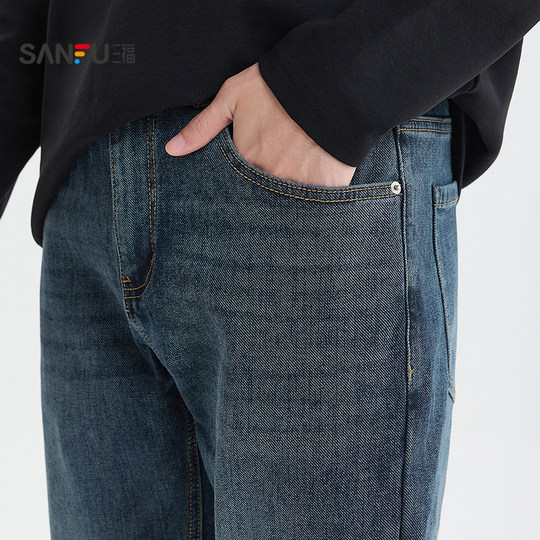Sanfu 2025 Winter Simple Slim Fit Pintail Jeans Urban Commuting Straight Waist Pants Men's 510105