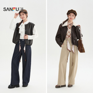 三福休闲裤女裤卡其色长裤