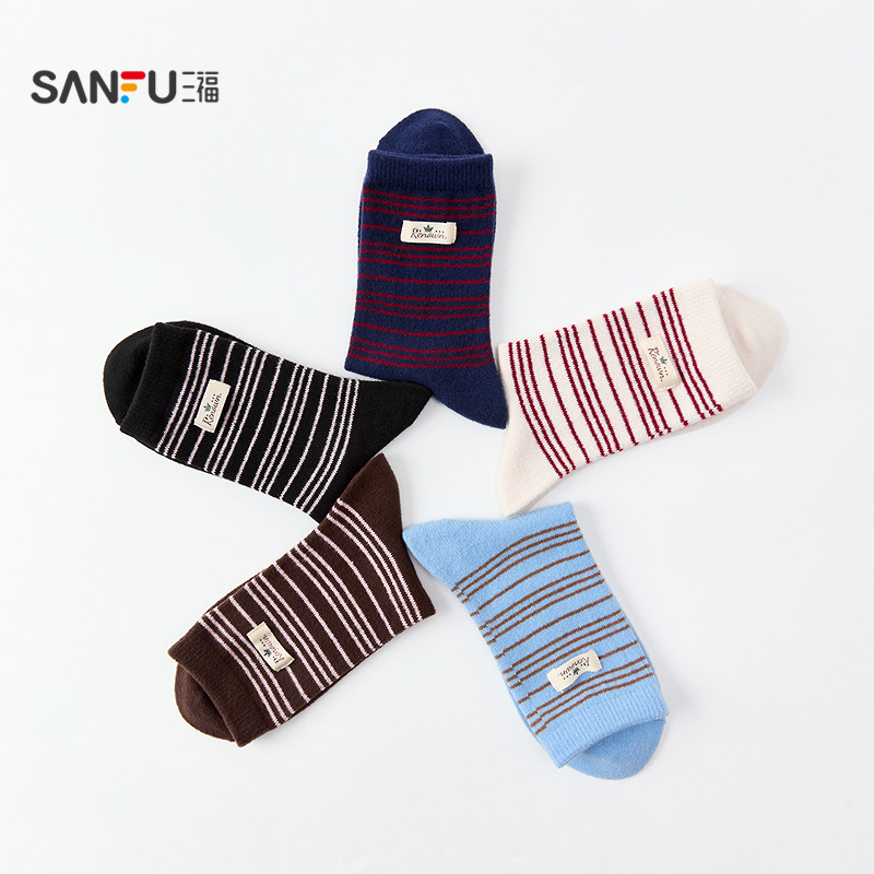 三福 女短筒袜单双装 运动风条纹布标半边绒柔软女袜袜子846286,淘宝优惠券,粉丝福利购,淘宝优惠卷