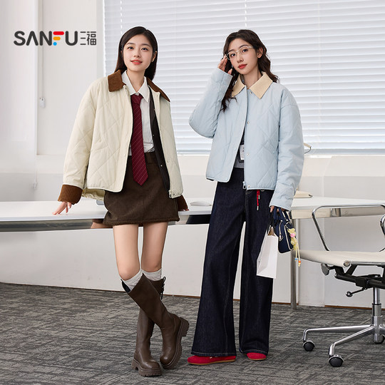 Sanfu cotton coat and cotton clothes for women 2025 winter contrasting corduroy cotton jacket diamond lattice loose jacket women's clothing 845249