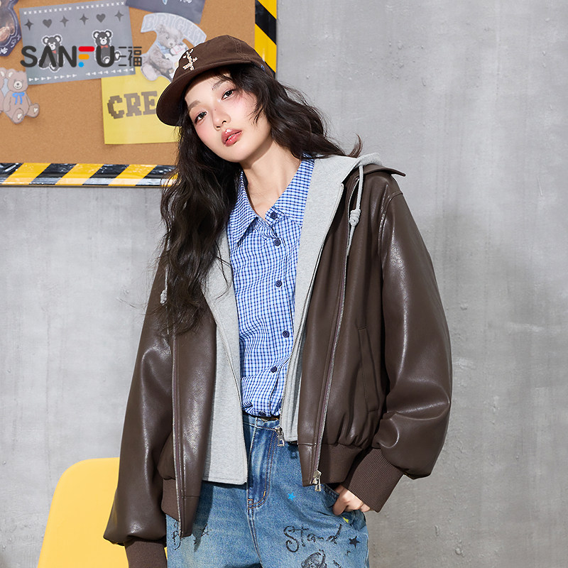 三福厚外套2026新款春季时尚假两件宽松连帽PU皮衣夹克女装515342,淘宝优惠券,粉丝福利购,淘宝优惠卷