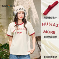 三福短袖T恤女夏季撞色圆领英文印花上衣