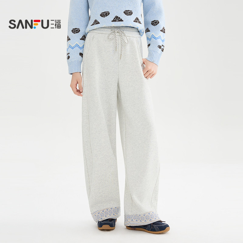 三福加绒裤子2025新款冬季花纹裤脚高腰宽松阔腿休闲裤女装514635