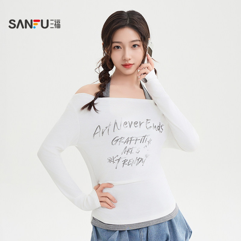 三福长袖T恤2025新款秋季小众涂鸦英文挂脖一字肩上衣女装507710