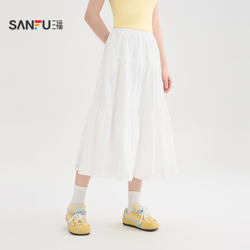 三福黑色裙子2026新款夏季松紧高腰甜美荷叶边优雅a字半身裙女装