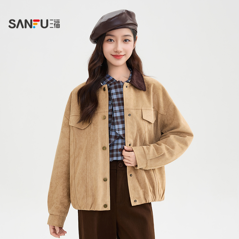 三福厚外套女2025新款冬季复古撞色灯芯绒翻领宽松夹克女装511877