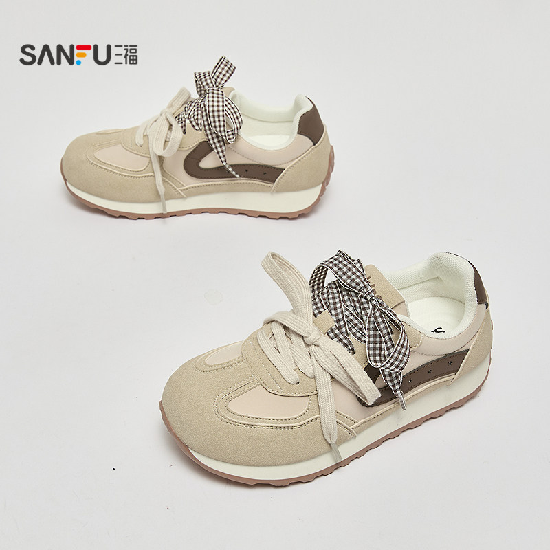三福女运动鞋春季甜酷复古风圆头慢跑鞋方格织带女鞋853113