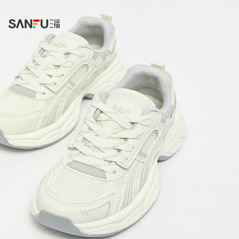 三福女运动鞋春季休闲潮酷系带流线网孔圆头老爹鞋女鞋855099