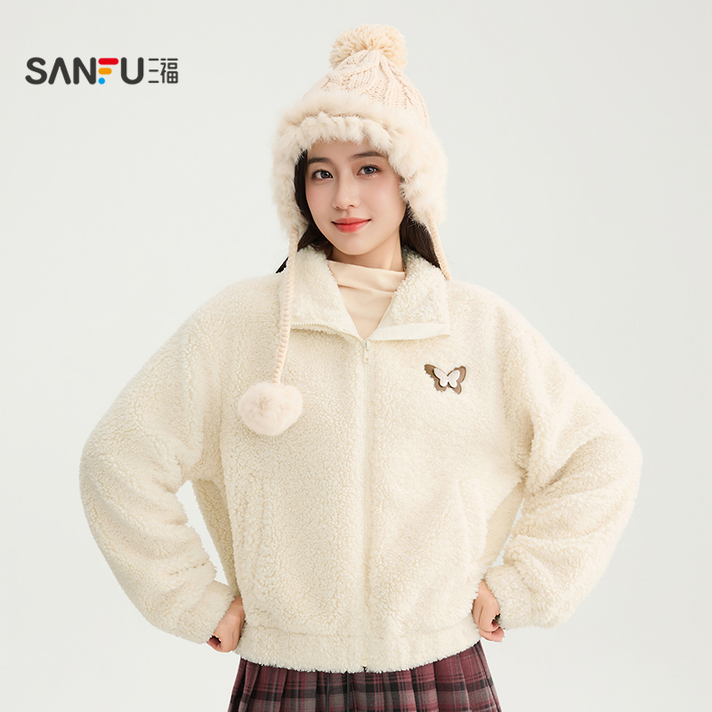 三福厚外套女2025新款冬季翻领保暖羊羔毛夹克韩里韩气的外套女装 - 图1