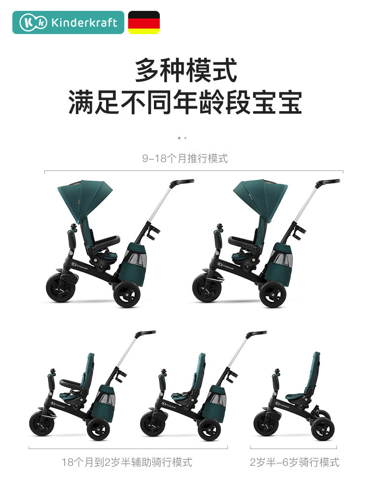 德国kk遛娃神器可躺可睡高景三轮车 kinderkraft和信普泰专卖三轮车