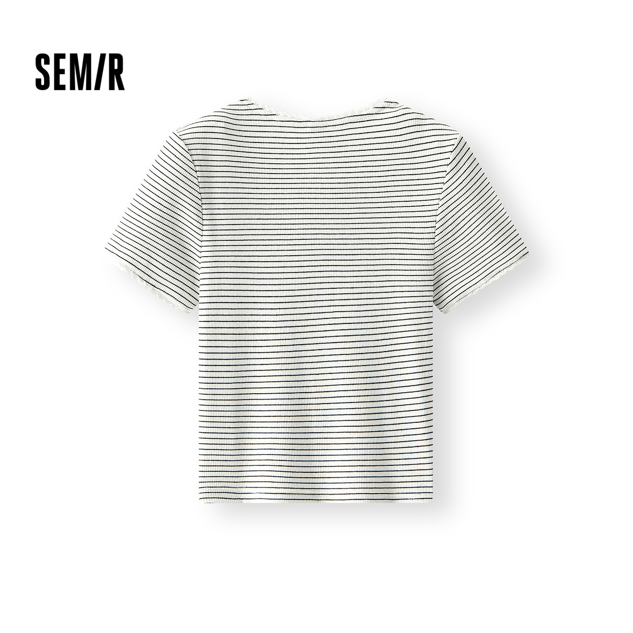 [商场同款]森马短袖T恤女短款蕾丝花边气质2025夏新款紧身条纹衫