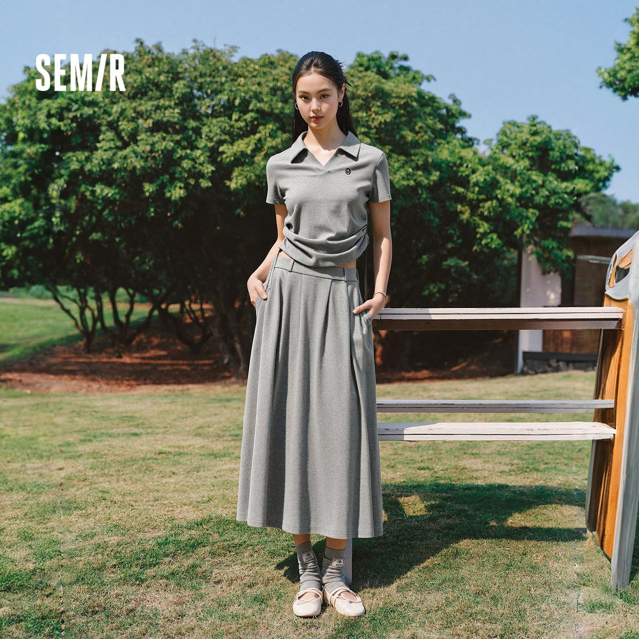 商场同款|森马套装女夏季纯棉polo衫伞裙2026新款简约通勤两件套
