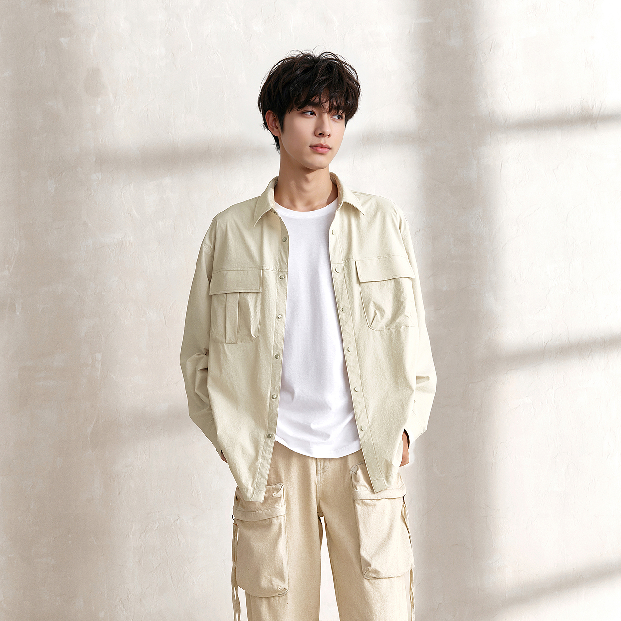 森马长袖衬衫男外穿式山系户外工装外套宽松纯色百搭秋装翻领上衣