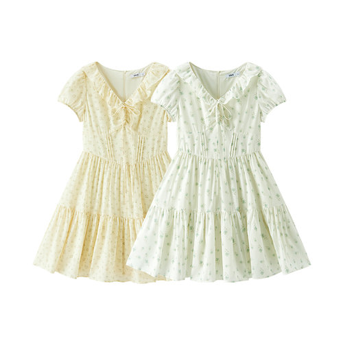森马连衣裙女荷叶边V领2025新款肌理碎花裙浅春系Dress in light - 图3