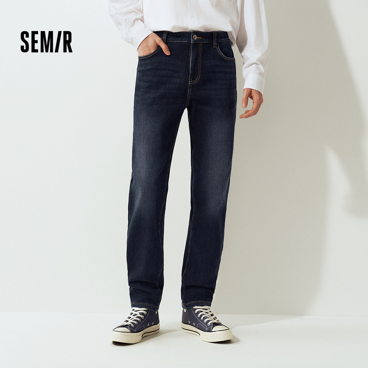 森柔|森马牛仔裤男冬季加绒弹力锥形裤2025新款猫须复古做旧长裤