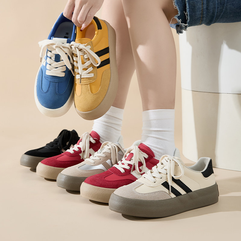 Semir女鞋红色德训鞋女款2025新款秋冬复古百搭厚底增高休闲板鞋,淘宝优惠券,粉丝福利购,淘宝优惠卷