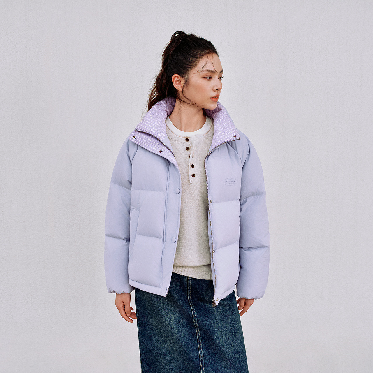 森马羽绒服女冬肌理拼接条纹学院风2025新款立领宽松插肩袖面包服