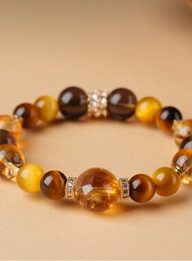 金霸大综合天然黄塔晶男女款本命年手串金虎眼石水晶手串高级手链