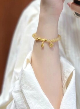 新款古风设计竹节焦糖色手串美拉德色系黄蜜蜡国风圈圈福牌手链