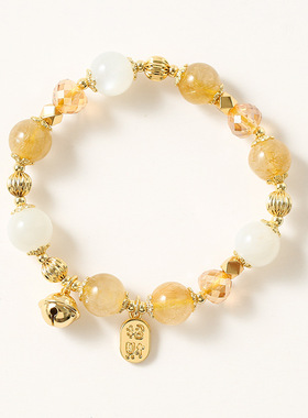 一步一响铃铛金发晶白月光水晶手链招财纳福牌镀14K真金菱形珠子