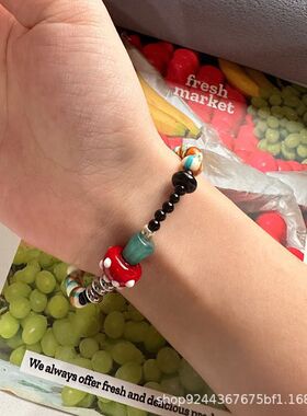 【小众原创】蘑菇森林手链手工diy琉璃天然橙蓝羽彩石原木不掉色