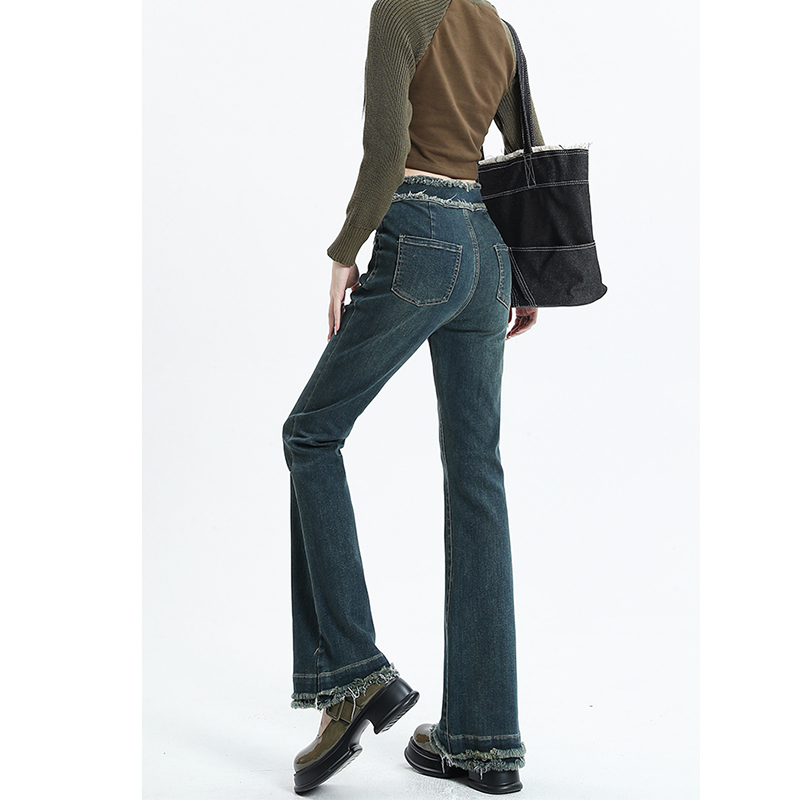大码设计感小众毛边微喇叭牛仔裤女胖妹妹高腰mm显瘦毛边马蹄长裤 - 图1