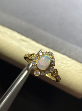 天然水晶欧泊戒指女925银镀18k黄金镶嵌轻奢日韩活口可调节