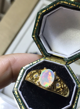 天然炫彩欧泊戒指女925银镀黄金色镶嵌彩色宝石轻奢活口可调节