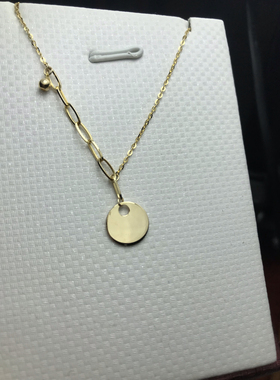 18K金项链彩金浅黄金色项链女款幸运圆牌锁骨链送女友礼物