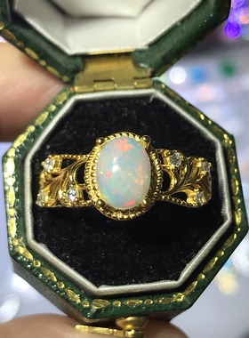 天然炫彩欧泊戒指女925银镀18k黄金镶嵌轻奢日韩活口可调节