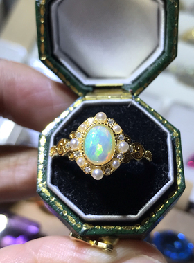 天然水晶欧泊戒指女925银镀18k黄金镶嵌轻奢日韩珍珠款活口可调节