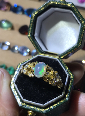 天然水晶欧泊戒指女925银镀黄金镶嵌轻奢日韩活口可调节