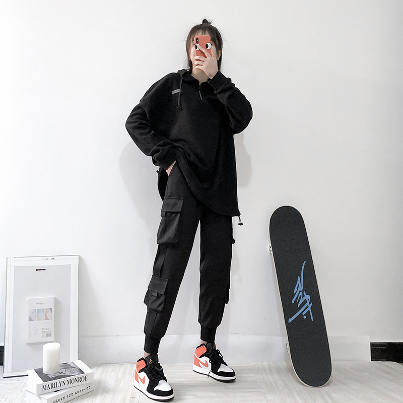 束脚工装裤女裤宽松bf黑色运动裤子 优乐叮休闲裤