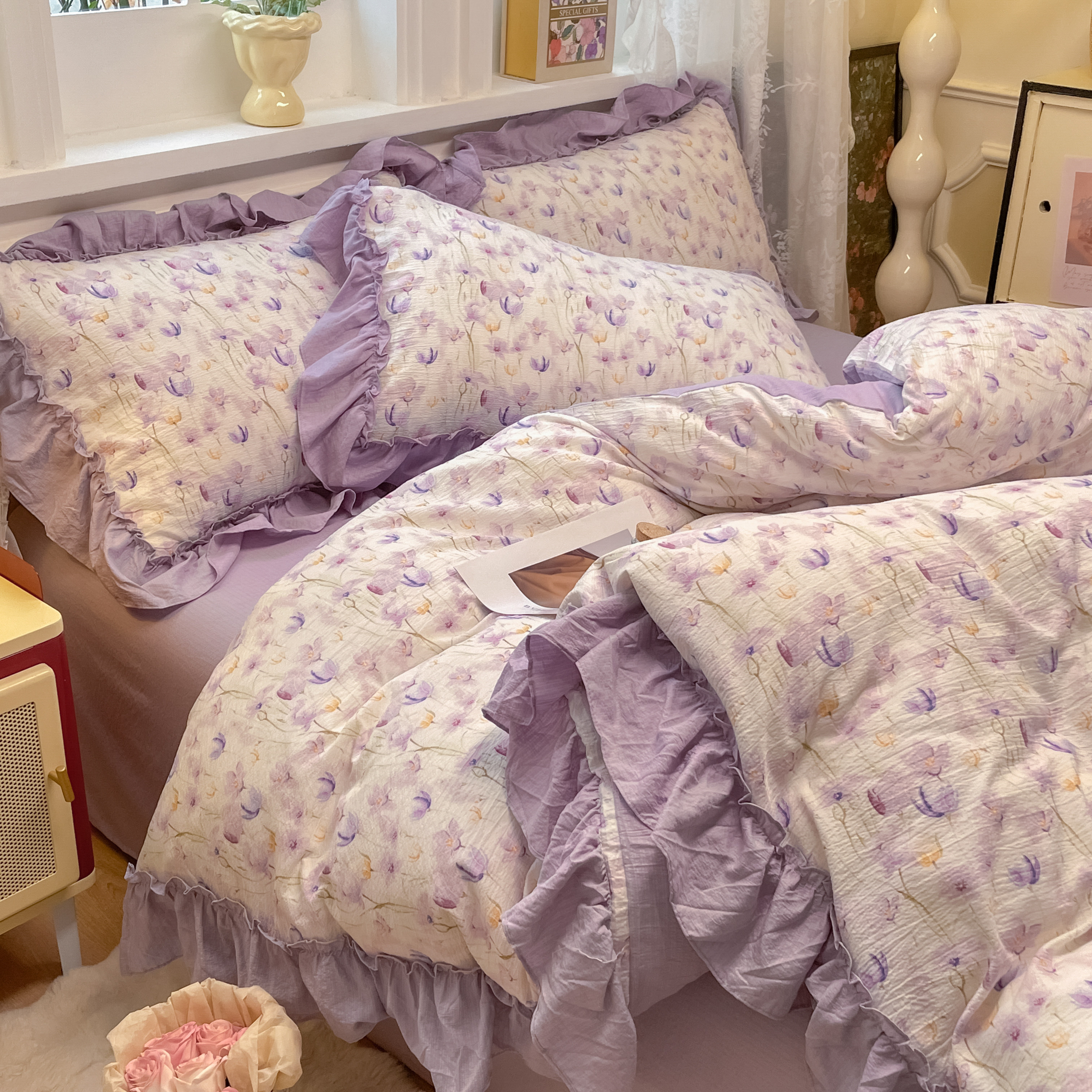 ins花边四件套纯棉全棉床上用品被套床单床笠加厚学生宿舍三件套4