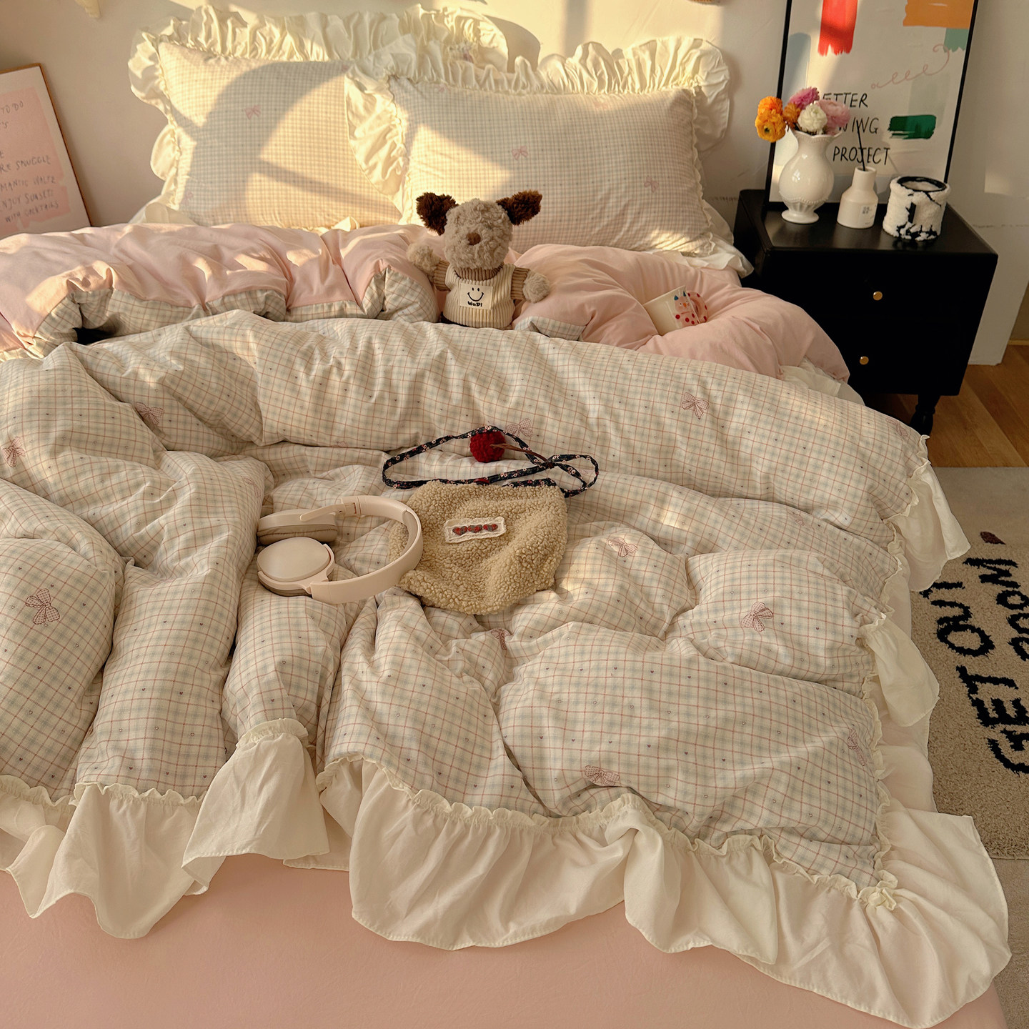 韩式格子纯棉四件套全棉被套床单少女风花边款学生宿舍床上三件套