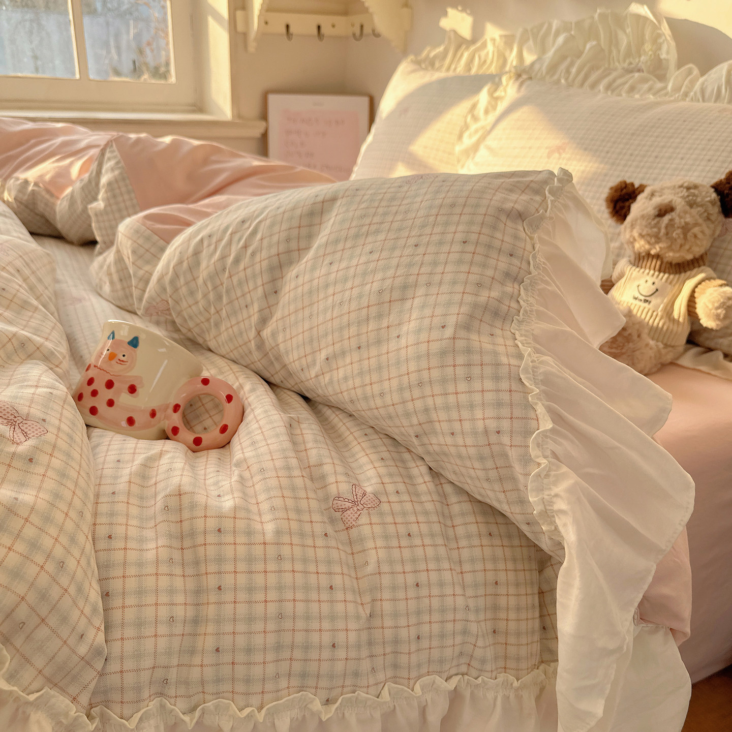韩式格子纯棉四件套全棉被套床单少女风花边款学生宿舍床上三件套