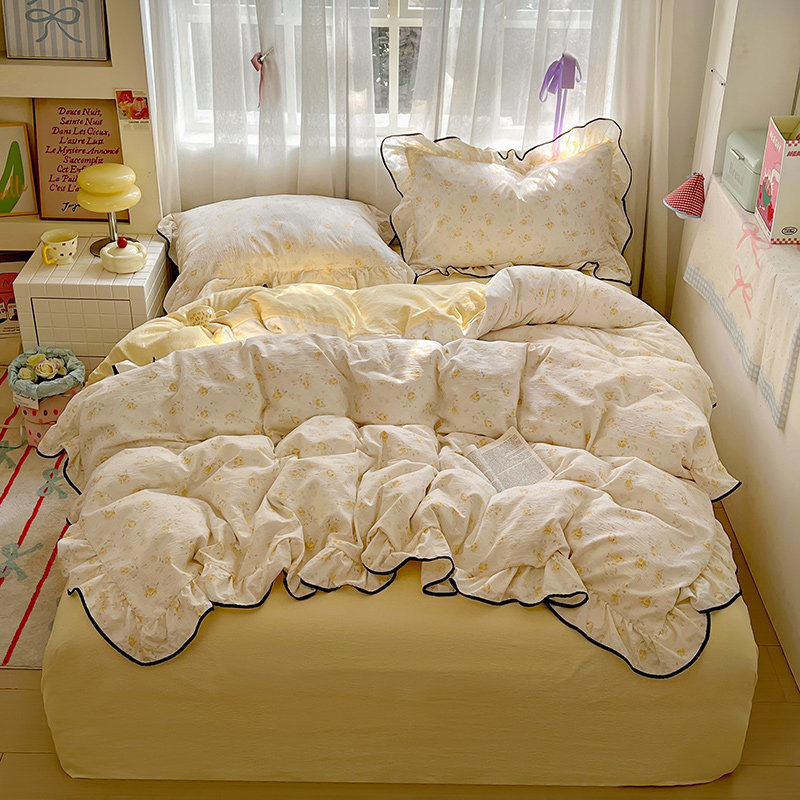 公主风花边床上四件套纯棉全棉2025新款双层纱床单被套宿舍三件套