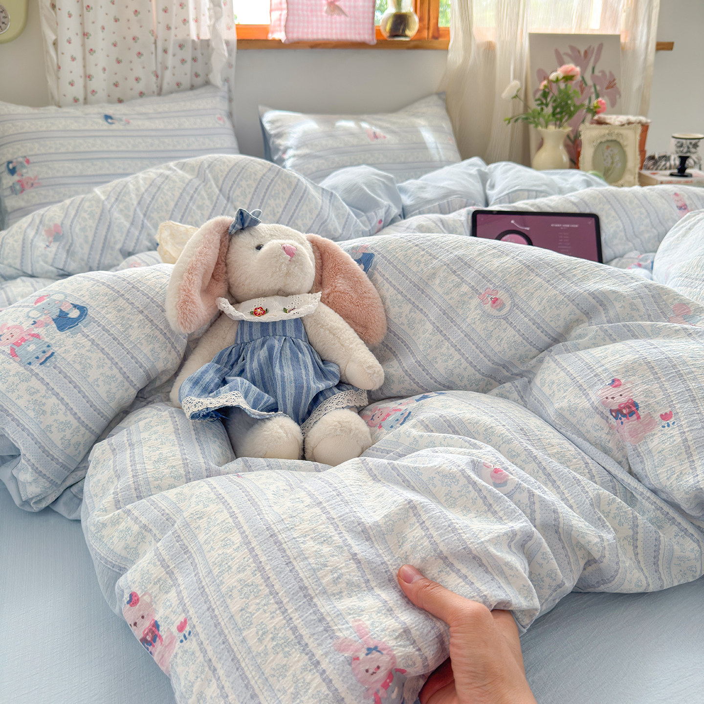 A类双层纱床上四件套纯棉全棉2025新款卡通风床单被套宿舍三件套4