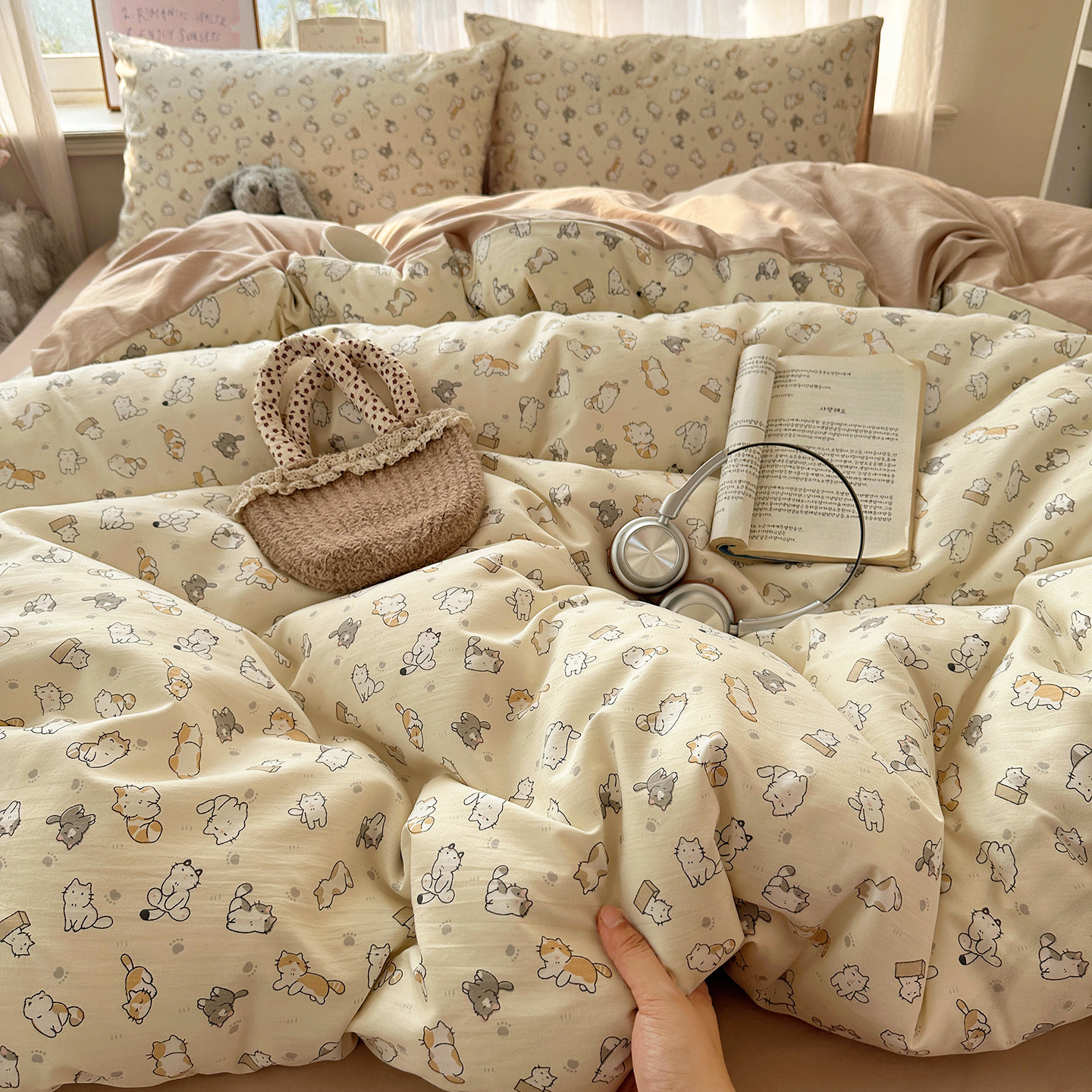 A类床上用品四件套纯棉全棉可爱猫咪床单被套被罩学生宿舍三件套4