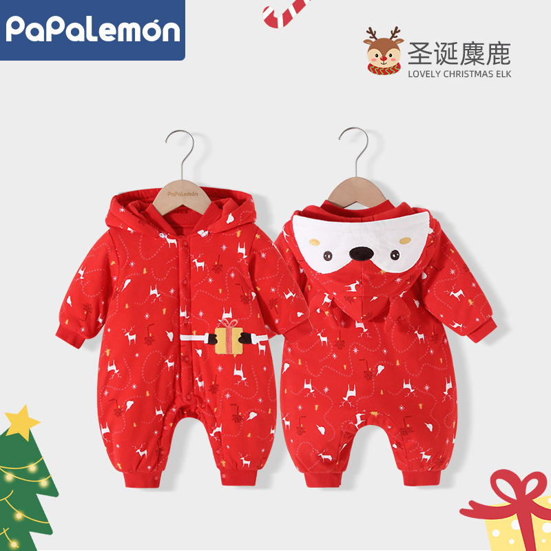 婴儿连体衣夹棉加厚保暖红色喜庆新年拜年服新生儿宝宝连帽哈衣冬
