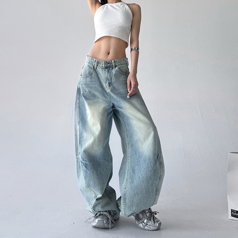 美式复古嘻哈街头水洗浅蓝弯刀牛仔裤女2025春秋季新款宽松阔腿裤 - 图2